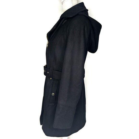 Michael Kors Asymmetric Zip Wool Blend Coat Black Women's Size 8 Belted Hooded - Picture 2 of 16